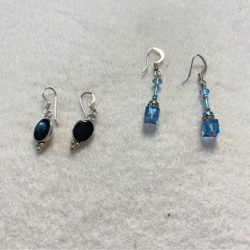 2 pairs Elegant Aquamarine & Black Onyx Silver plated Earrings Drop Hook Dainty